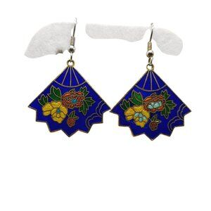 Vintage Cloisonné Fan Shaped Dangle Earrings Floral Design Gold-Tone